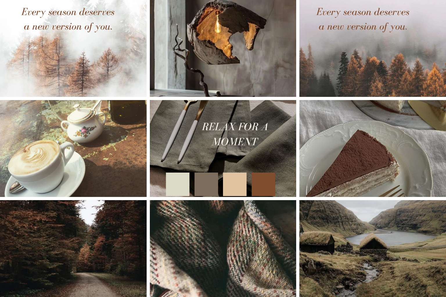 Podzimní moodboard v tlumených zemitých tónech s mlhavým lesem, kávou, textilem, krajinou a teplými hnědými akcenty.