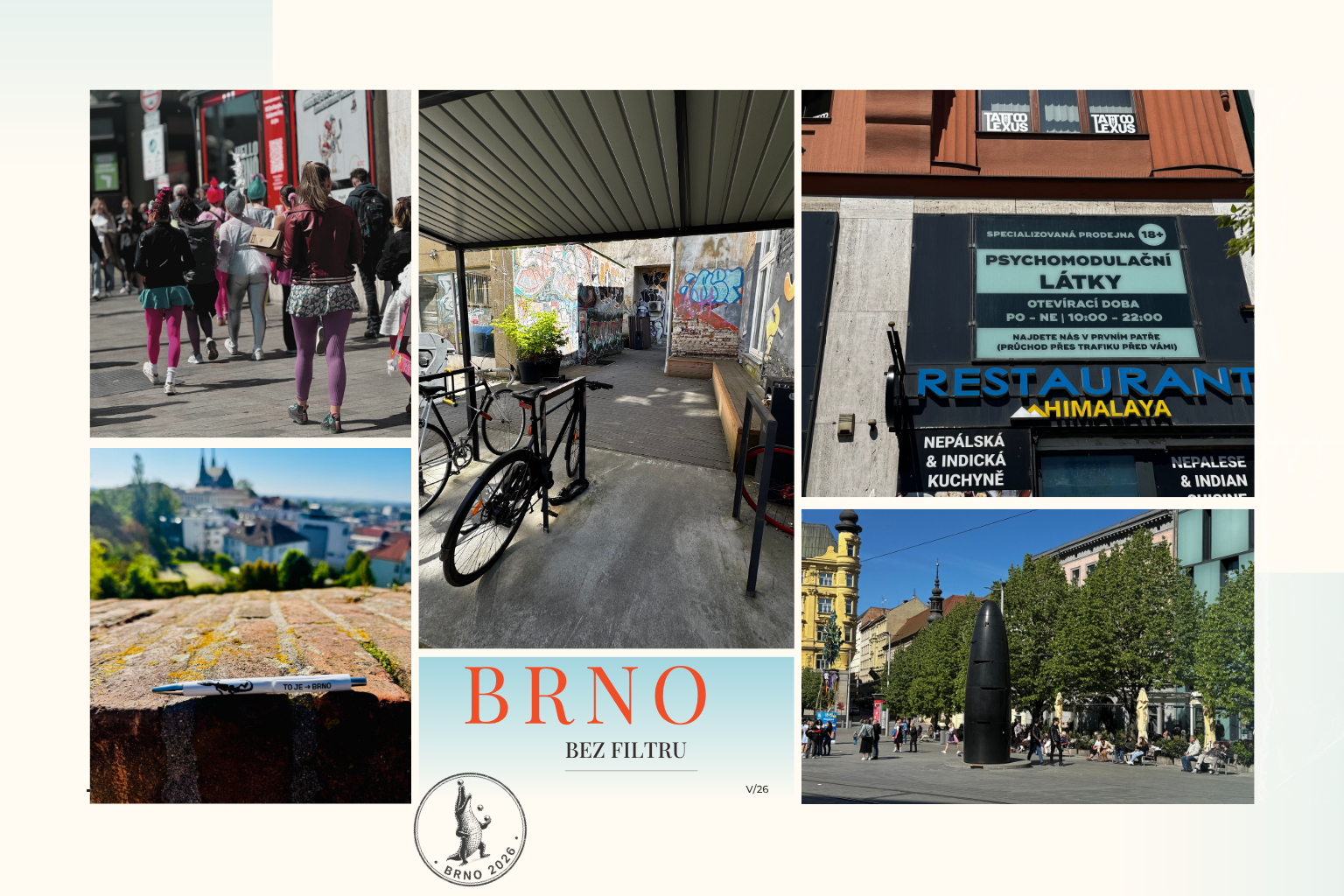 Collage from Brno with a street crowd, graffiti courtyard and the Brno astronomical clock