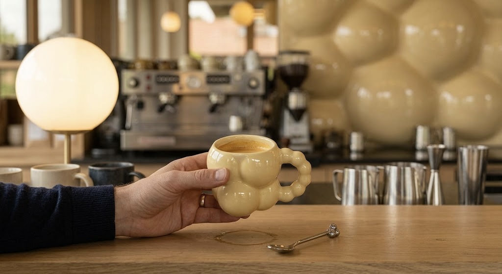 Ruka držící Bubble Cup inspirovaný konceptem Bubble Kitchen.