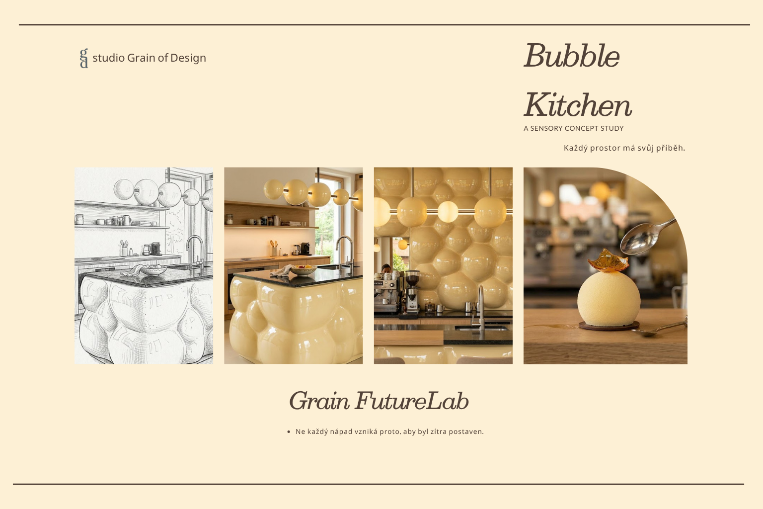 Koncept Bubble Kitchen od Grain of Design – organický kuchyňský ostrůvek inspirovaný našlehaným máslem, medem a ranním světlem.