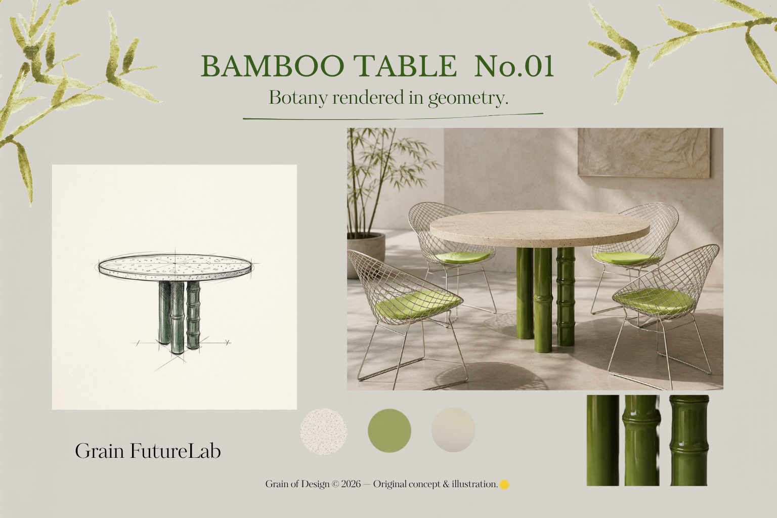 Autorský koncept BAMBOO TABLE od Grain of Design. Storyboard představuje kreslenou skicu a vizualizaci kulatého stolu se světlou kamennou deskou a trojicí zelených noh inspirovaných bambusem. Kompozici doplňují vzorky materiálů a detail podnože.