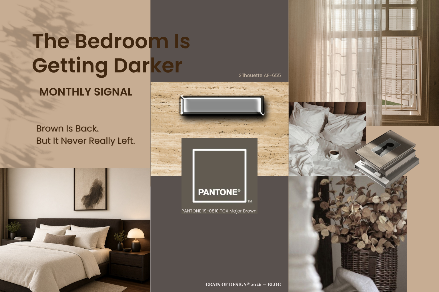 Moodboard for The Bedroom Is Getting Darker in brown and beige tones with a bedroom, textiles, travertine, a chrome detail and Pantone Major Brown and Silhouette shades.