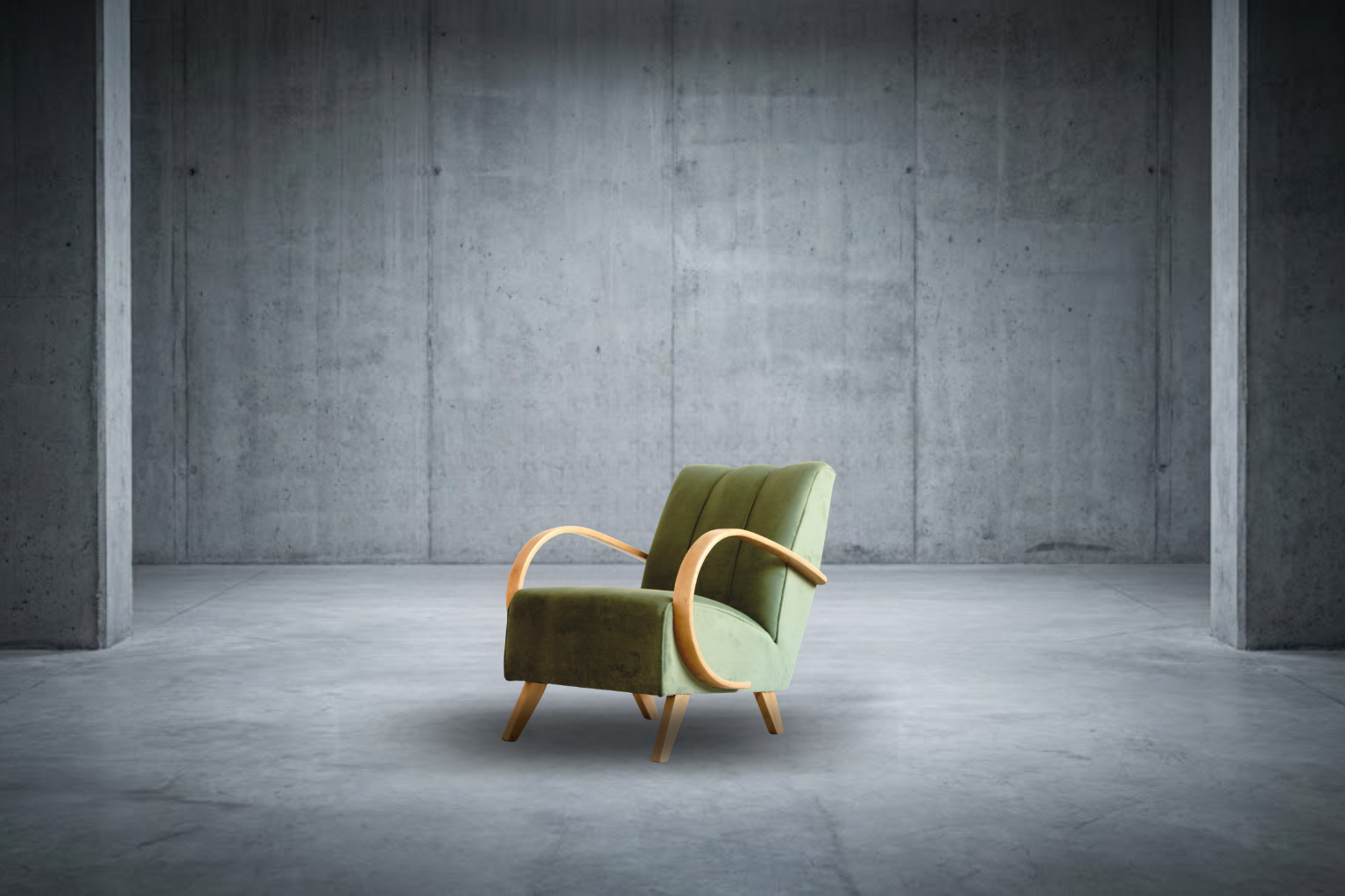Restored vintage Halabala armchair in an empty concrete space — circular furniture design 2026 visual