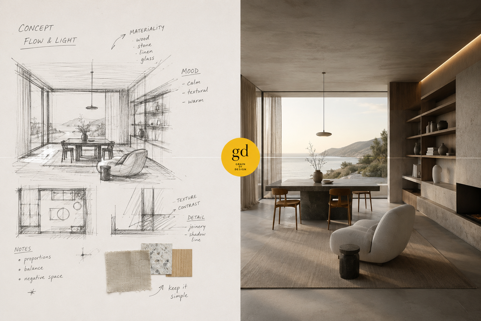 Ruční interiérová skica přechází do realistické AI vizualizace moderního obytného prostoru. Žluté logo Grain of Design uprostřed symbolizuje propojení lidské kreativity, autorského rukopisu a umělé inteligence při navrhování interiérů.