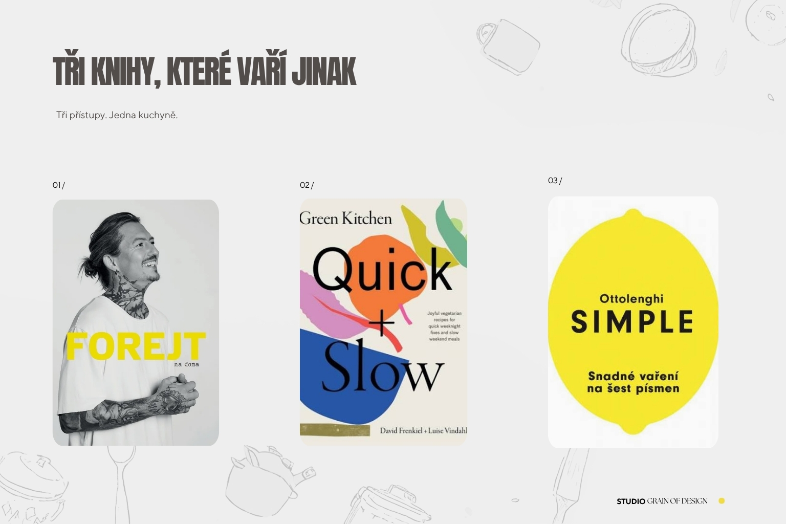 Three cookbooks in a minimalist composition — Grain of Design Studio