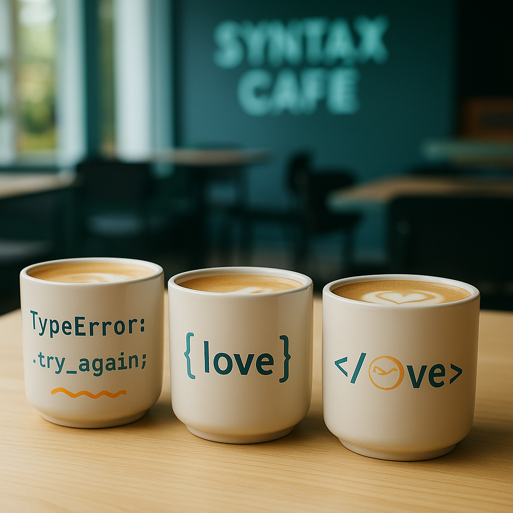 Kávové šálky Syntax Café – TypeError, {love}, </ove>