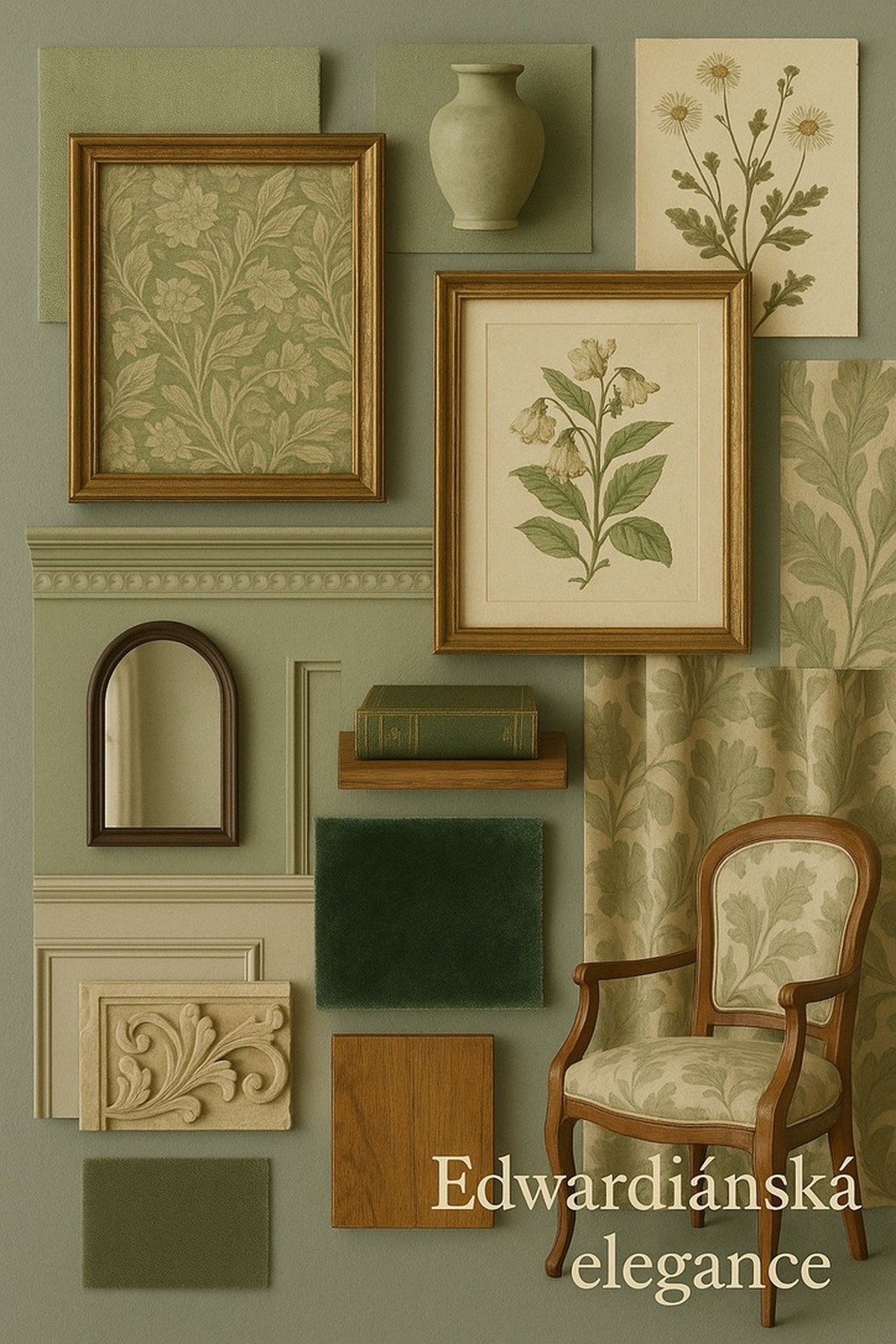 Moodboard for Edwardian elegance – gentleness, light tones, botanical motifs, vintage details, and timeless nobility