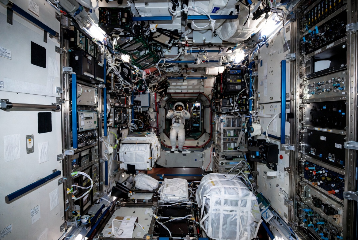 Interior of an International Space Station module – a demonstration of extreme functionality where every centimetre serves a purpose.