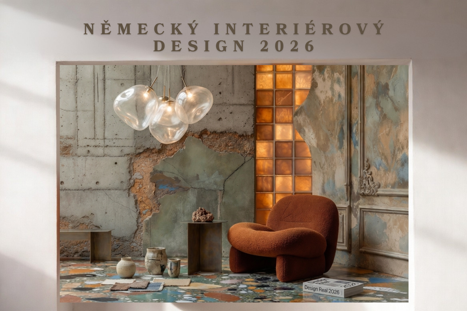 Visualisation of a Berlin interior in 2026 with raw concrete, a patinated wall, glass blocks and an organic brown armchair.