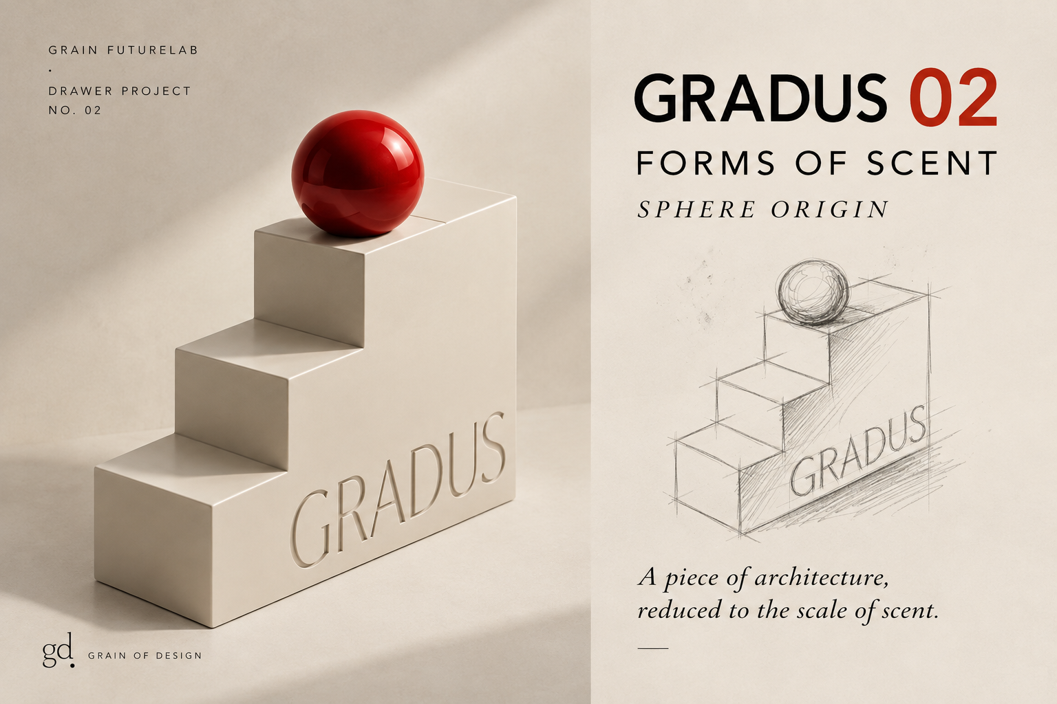 GRADUS 02: FORMS OF SCENT – the SPHERE ORIGIN perfume object in ivory with a red sphere, accompanied by a hand-drawn sketch and project typography.