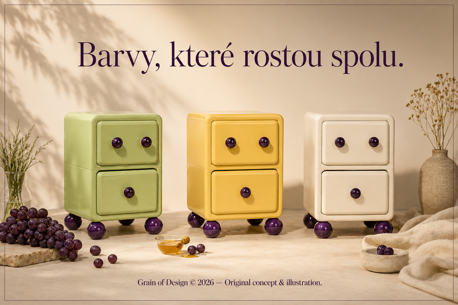 Tři designové noční skříňky Grain of Design v pistáciově zelené, slunečně žluté a krémově bílé barvě s fialovými akrylátovými úchytkami a nožkami.