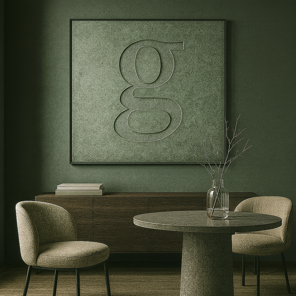 Greenroom – interiér v mechově zelené barvě s písmenem G na stěně