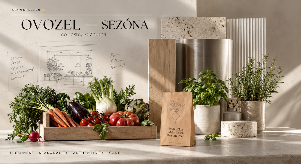 Materiálový a vizuální moodboard konceptu OVOZEL — SEZÓNA s čerstvou zeleninou, bylinkami, dřevem, nerezem, keramikou a architektonickou skicou interiéru.