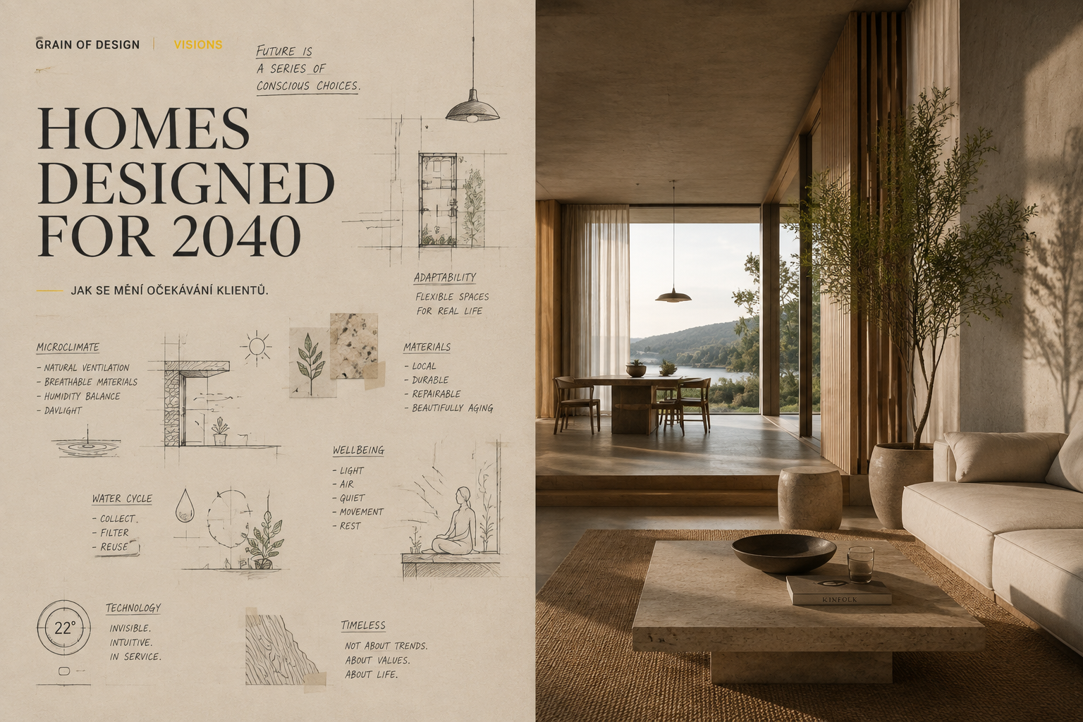 Editorský moodboard a AI vizualizace moderního interiéru – Domovy navržené pro rok 2040