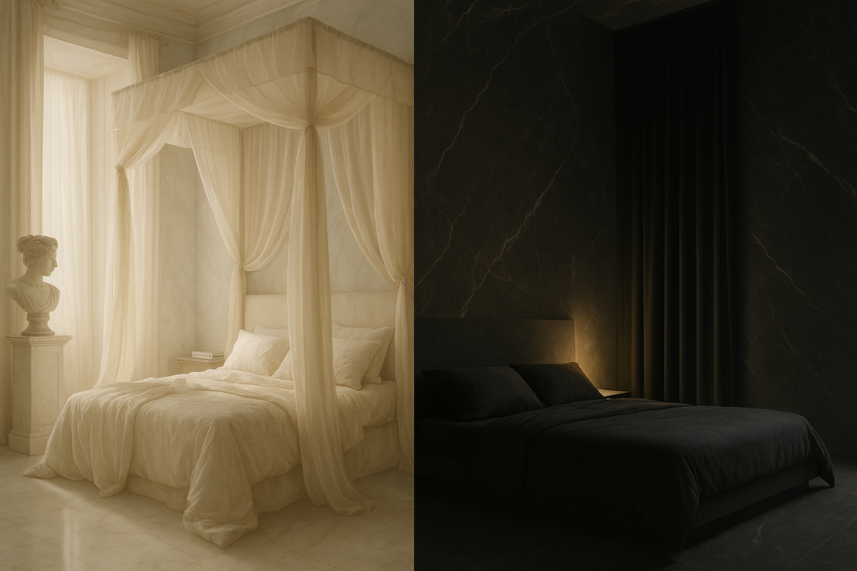 Split image showing feminine and masculine versions of private bedrooms