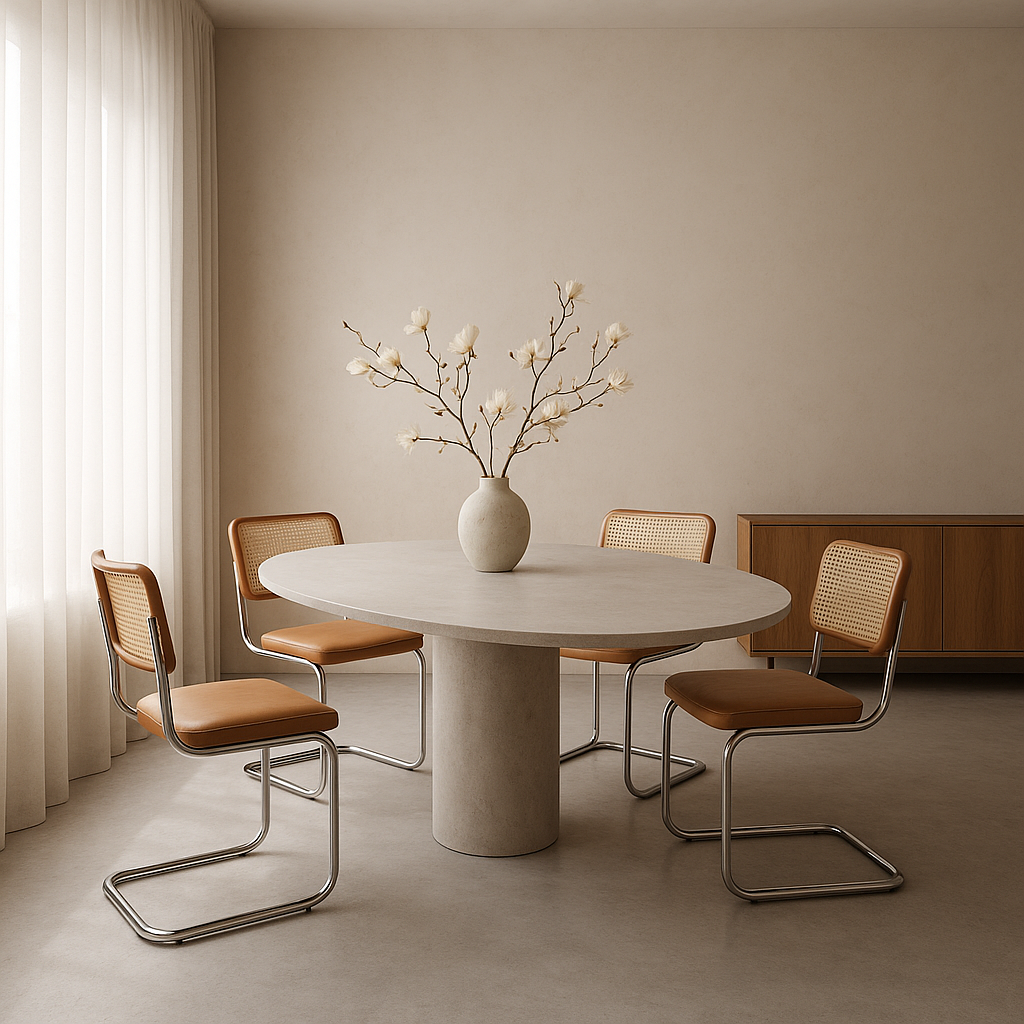 Magnolia – stůl z mikro cementu, židle Cesca a váza s magnolií