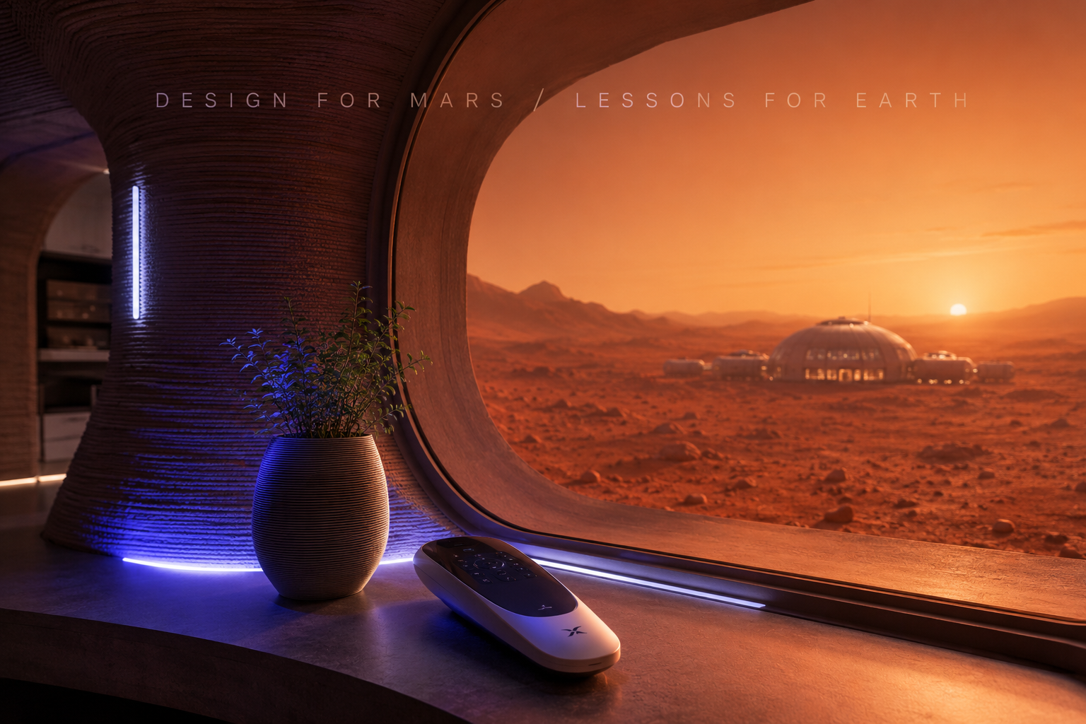 Atmospheric depiction of space living: a Martian habitat in a red landscape beneath a starry sky.