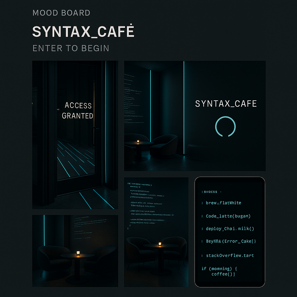 Moodboard Syntax Café – heslo ACCESS GRANTED a světelné kódové zóny