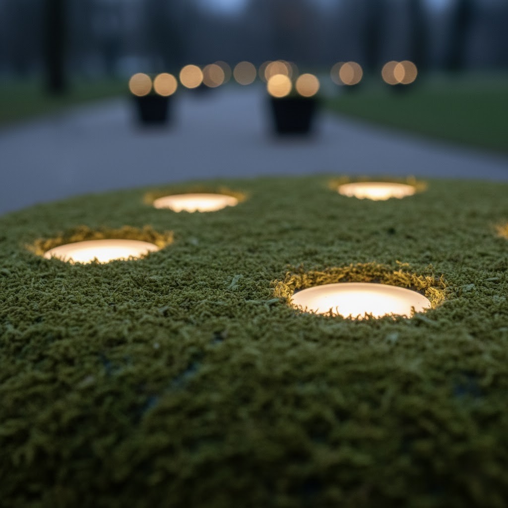 Moss Lights v noci s jemnými LED body, které vytvářejí světelné ostrůvky v parku.