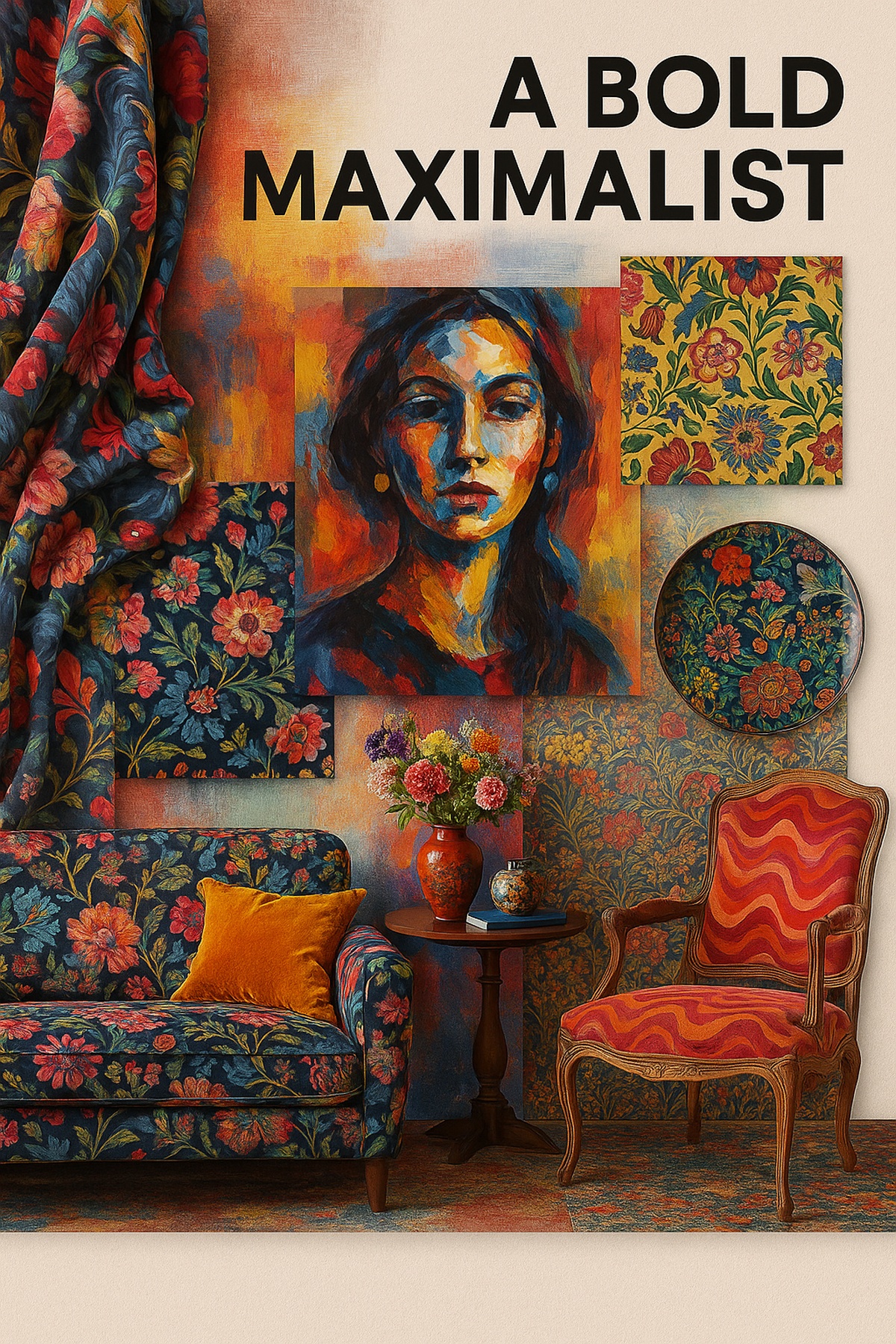 Moodboard for bold maximalism — bold colors, layered patterns, rich textures