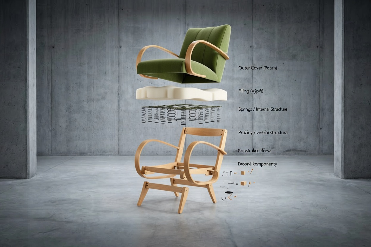 Halabala armchair deconstructed into components — circular design principle