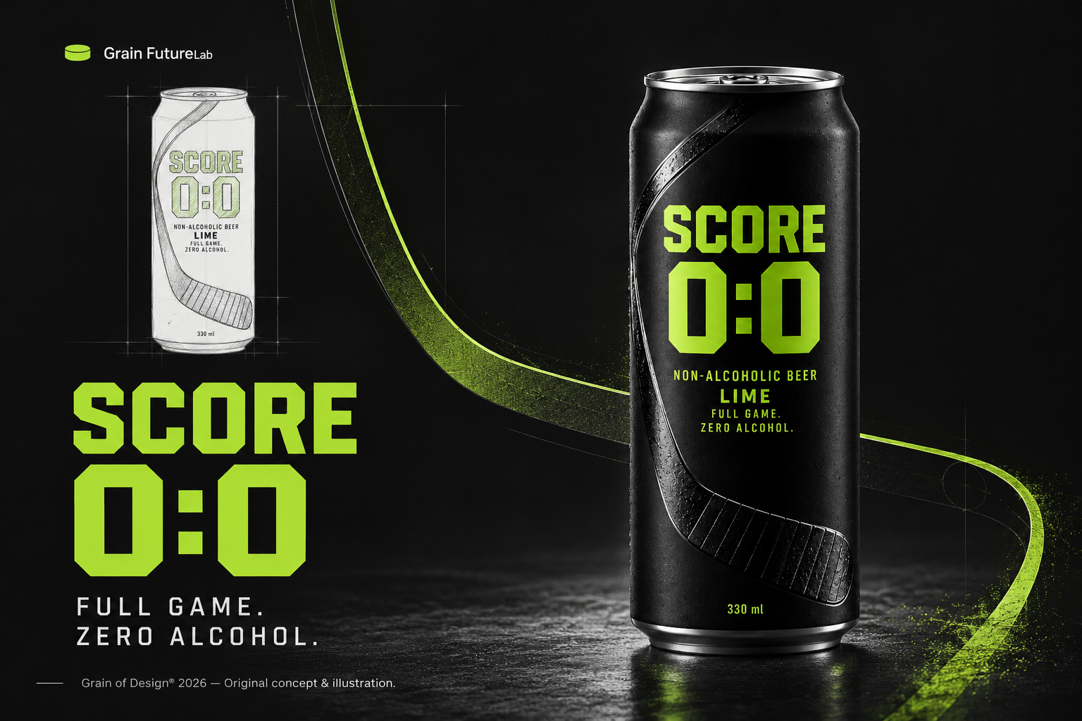 Original SCORE 0:0 packaging design concept by Grain of Design. Against a dark background, a can sketch and neon-green typography sit on the left; on the right is a realistic visualisation of a black LIME non-alcoholic beer can with a raised hockey-stick motif. A dynamic green line connects the composition.