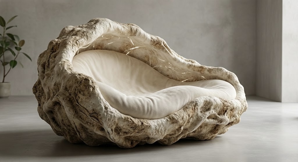 Mycelium design objekt SYMBIONT 01 — organické křeslo z podhoubí v interiéru