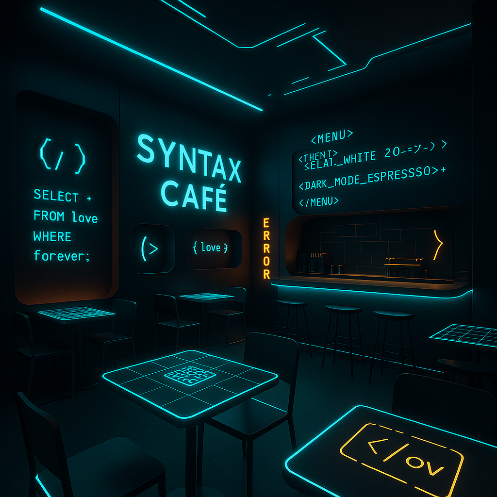 Hlavní zóna kavárny v nočním režimu – neonové nápisy a kódové menu ve tmě