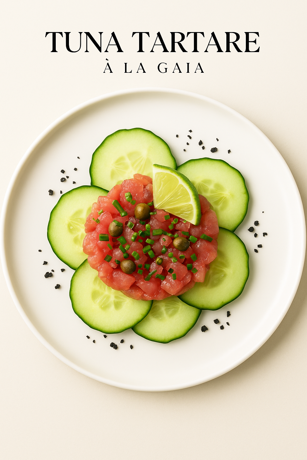 Tuňákový tartar à la Gaia servírovaný na bílém talíři s plátky okurky, limetkou, kapary, pažitkou a černým sezamem.