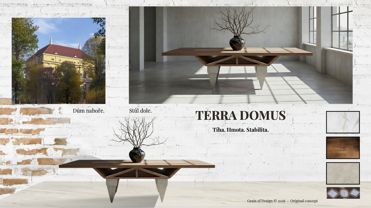 Vizuální kontext Terra Domus – dům, stůl a materiálová paměť.