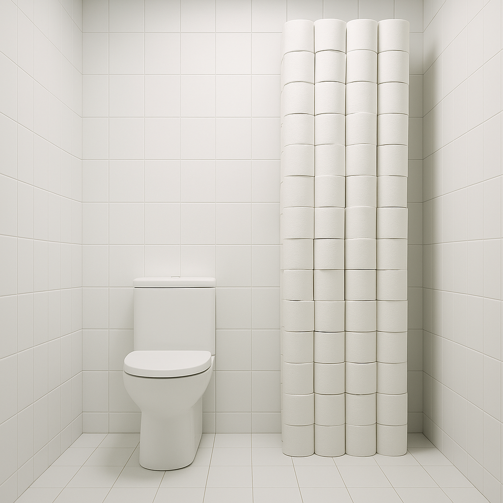 Minimalistický obrázek s věží z toaletního papíru