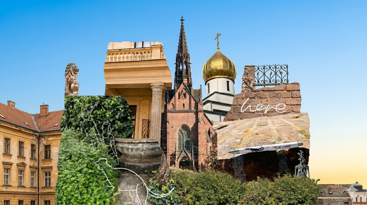 Koláž z Brna s kostelní věží, zlatou kupolí, historickou architekturou a propiskou To je Brno na cihlové zdi.