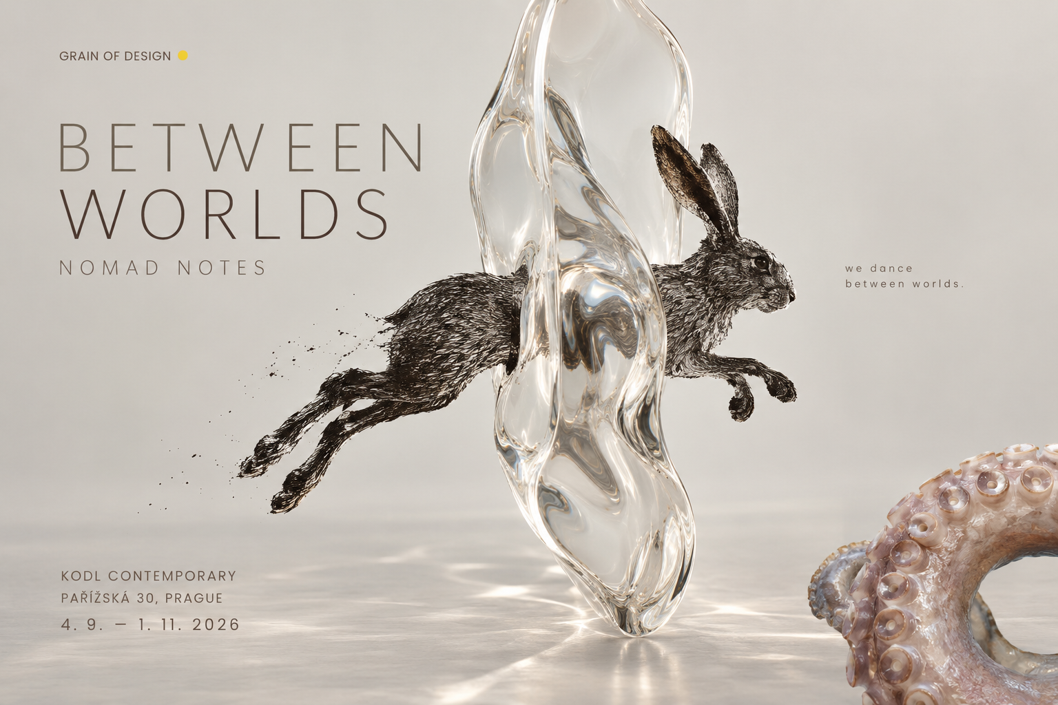 Between Worlds v KODL Contemporary v Praze – vizuál výstavy s kresbou běžícího zajíce procházejícího průsvitnou skleněnou formou a keramickým chapadlem.