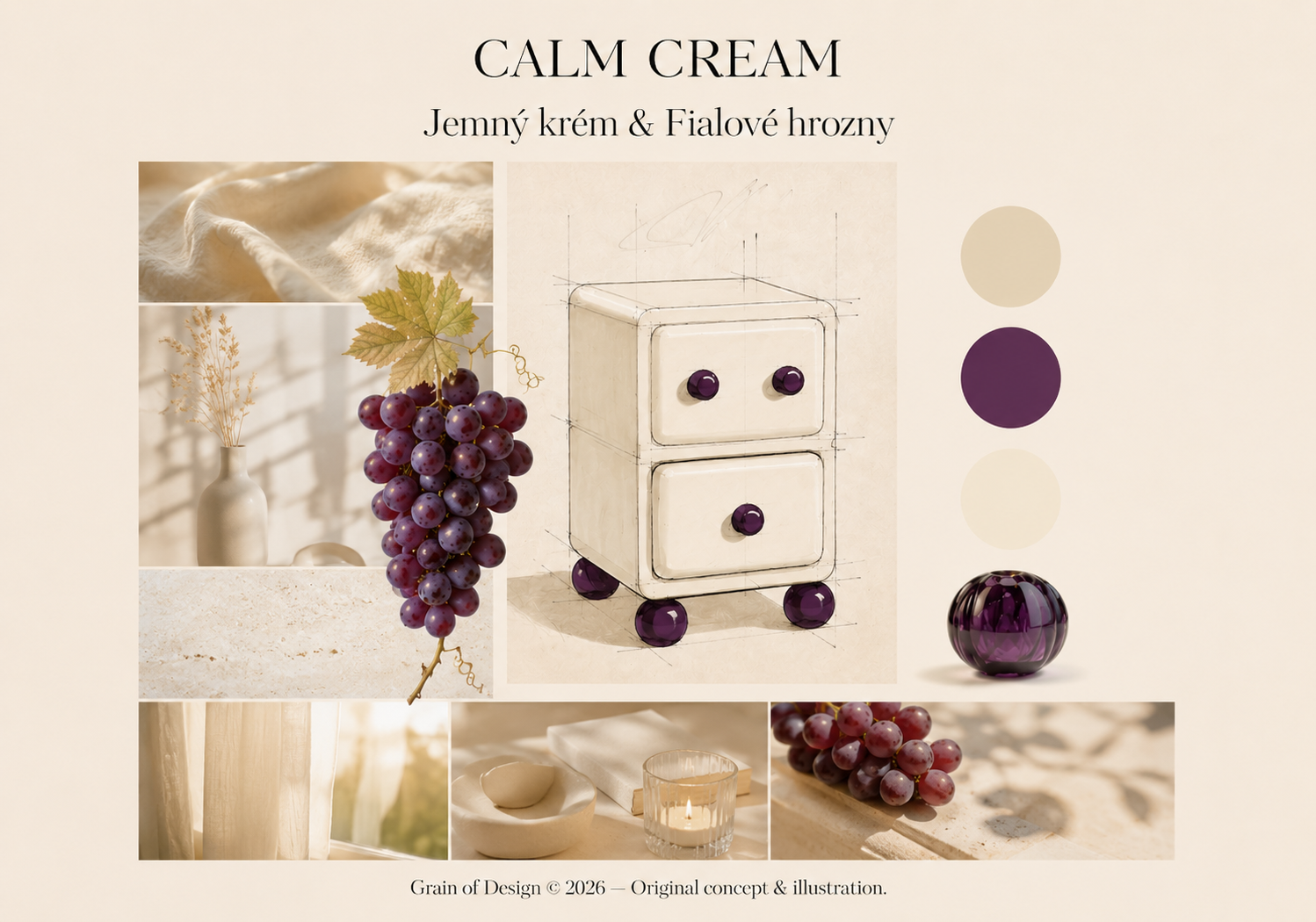 Moodboard Calm Cream – krémově bílá noční skříňka Grain of Design s fialovými akrylátovými úchytkami a nožkami, jemné přírodní textury a tiché světlo přes záclonu