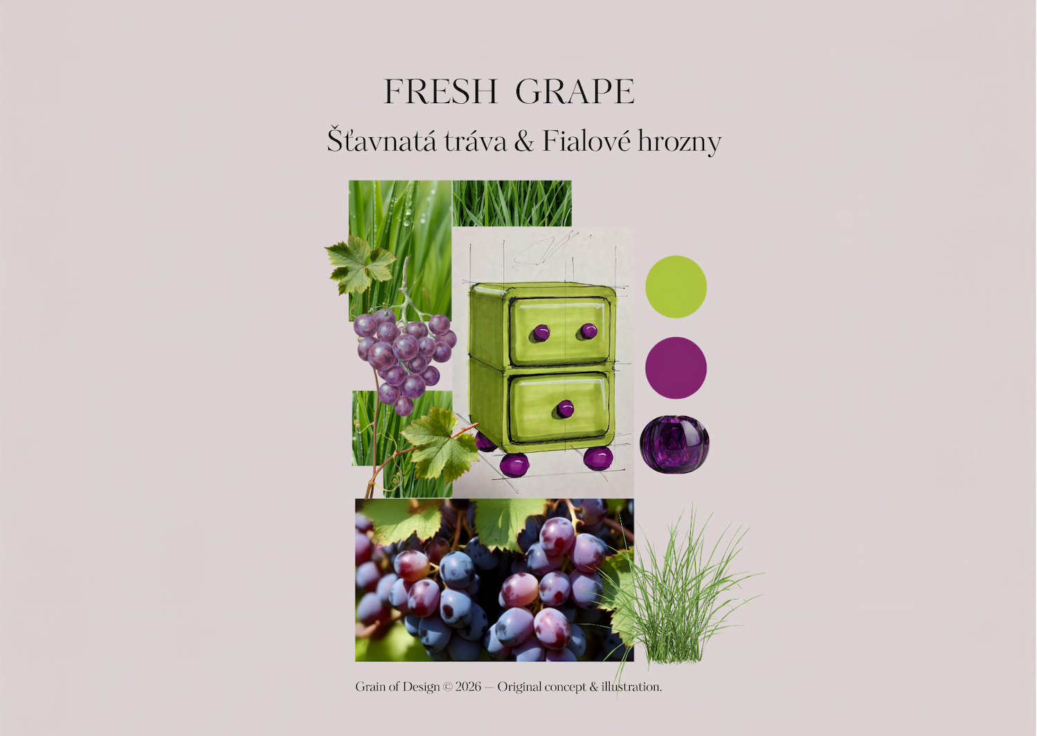 Moodboard Fresh Grape – pistáciově zelená noční skříňka Grain of Design s fialovými akrylátovými úchytkami a nožkami, hrozny a jemnými přírodními prvky v teplém světle