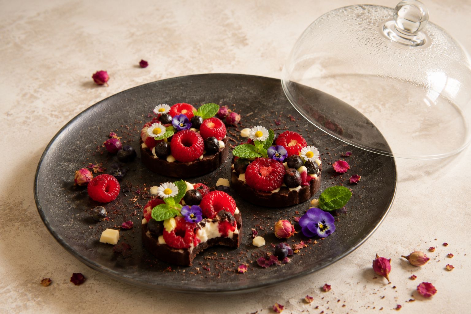 Frozen Garden Bites – mražené čokoládové mini dezerty s malinami, borůvkami a jedlými květy