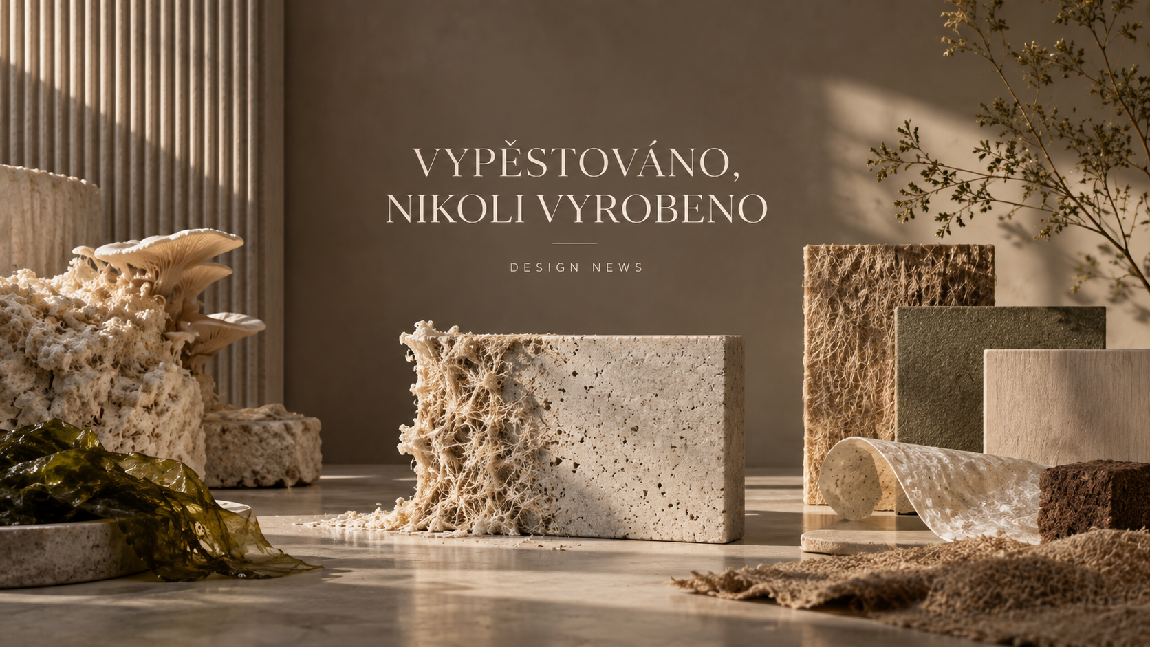 Organické biomateriály, mycelium, mořské řasy a přírodní vláknité panely v teplé zemitě laděné materiálové kompozici.