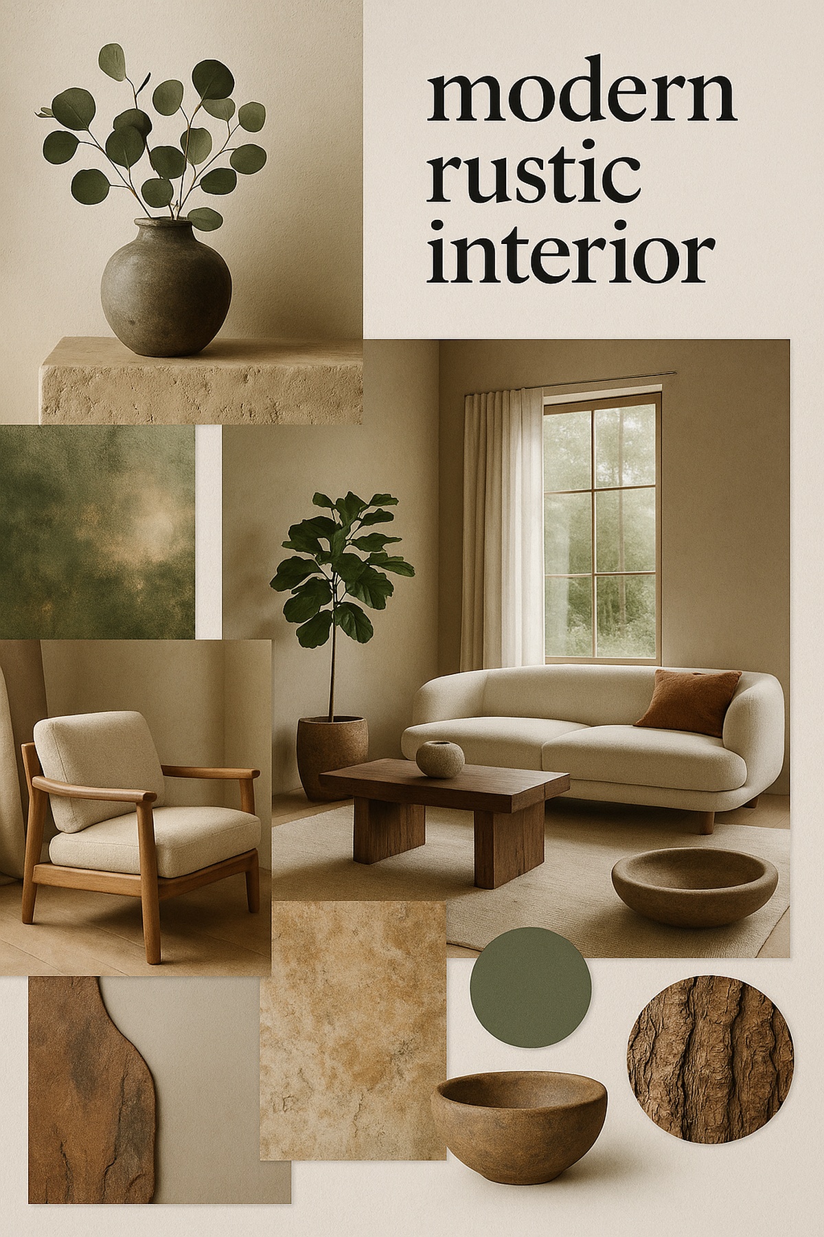 Moodboard for modern rustic style — natural materials, warm tones, wood and stone texture, forest and earth inspiration, organic shapes, and cozy atmosphere