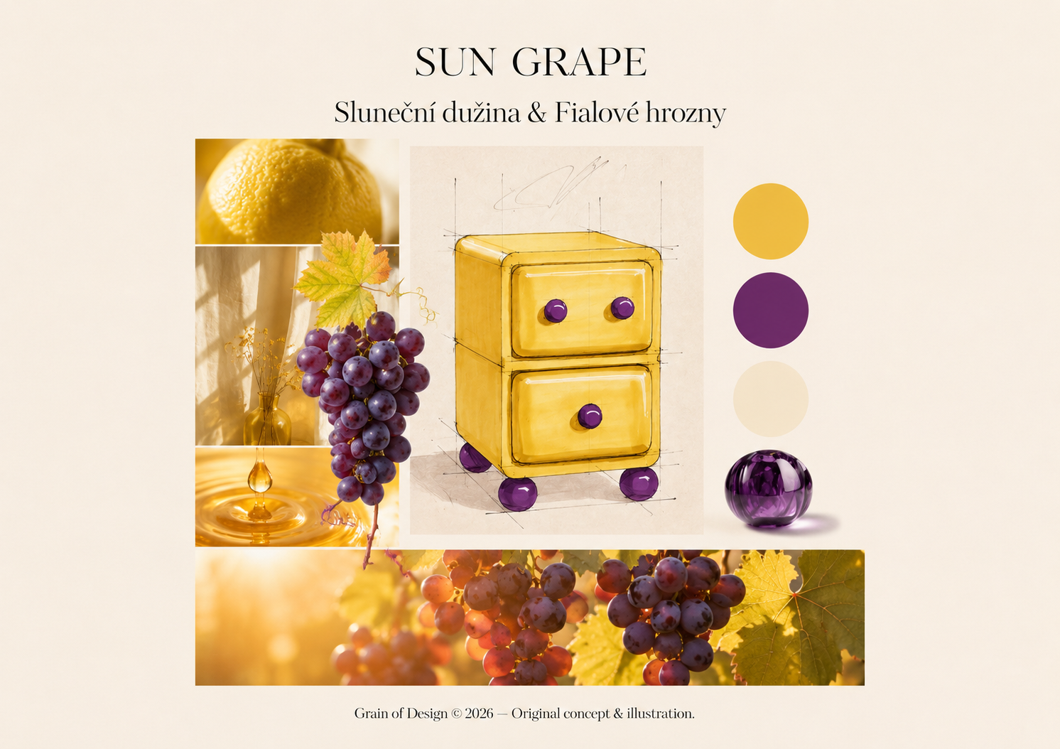 Moodboard Sun Grape – slunečně žlutá noční skříňka Grain of Design s fialovými akrylátovými úchytkami a nožkami, med, hrozny a zlatavé přírodní prvky v odpoledním světle