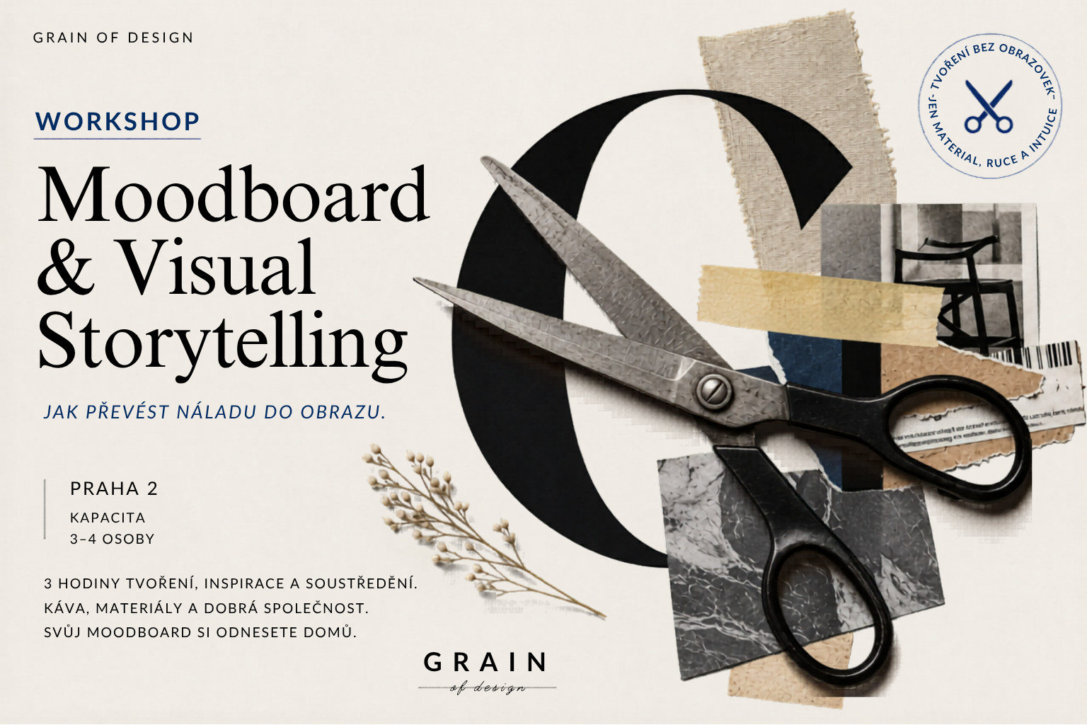 Moodboard workshop Grain of Design – nůžky, výstřižky a kreativní materiály na stole